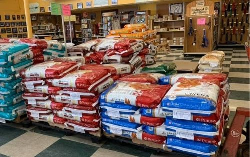 Feed bags stocked on the sales floor